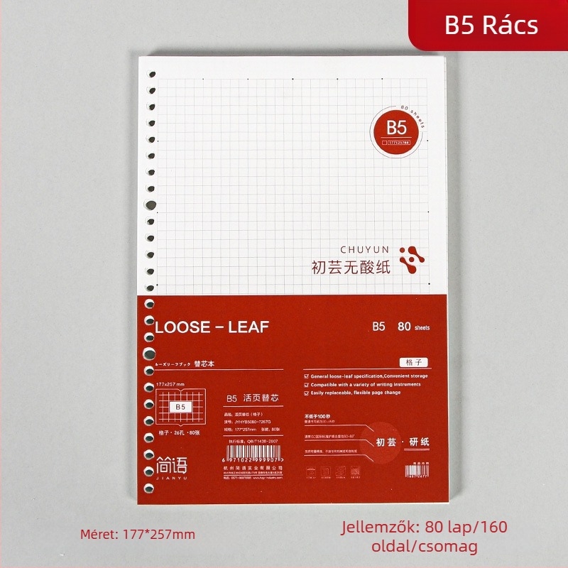Binder kötésű jegyzetfüzet refill, cellulózalapú papír, 80 gsm, 100–200 oldal, oldalak vonalas és négyzetrácsos