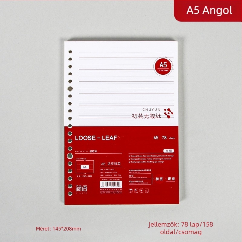 Binder kötésű jegyzetfüzet refill, cellulózalapú papír, 80 gsm, 100–200 oldal, oldalak vonalas és négyzetrácsos