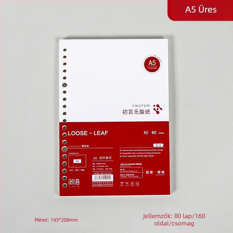 Binder kötésű jegyzetfüzet refill, cellulózalapú papír, 80 gsm, 100–200 oldal, oldalak vonalas és négyzetrácsos