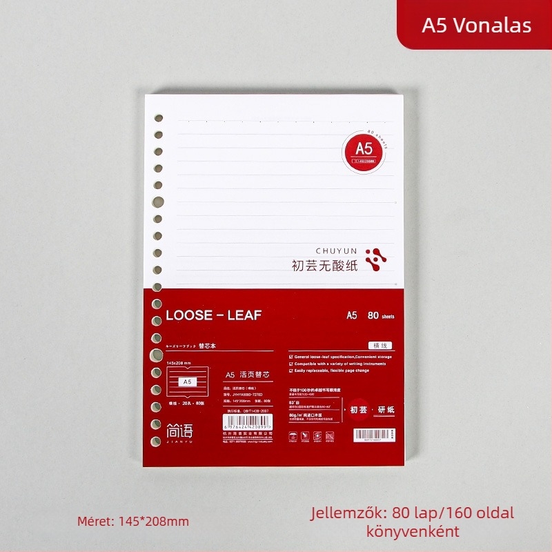 Binder kötésű jegyzetfüzet refill, cellulózalapú papír, 80 gsm, 100–200 oldal, oldalak vonalas és négyzetrácsos