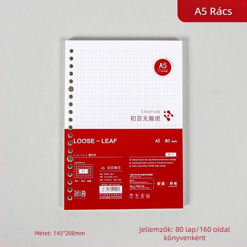 Binder kötésű jegyzetfüzet refill, cellulózalapú papír, 80 gsm, 100–200 oldal, oldalak vonalas és négyzetrácsos