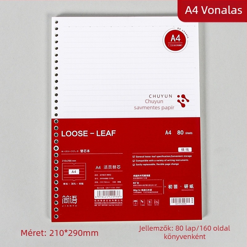 Binder kötésű jegyzetfüzet refill, cellulózalapú papír, 80 gsm, 100–200 oldal, oldalak vonalas és négyzetrácsos