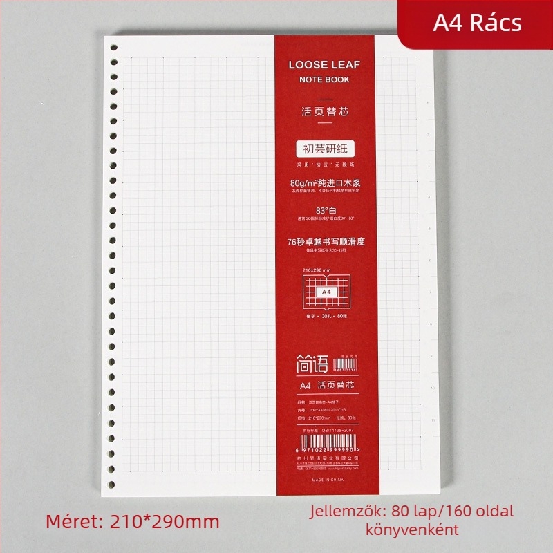 Binder kötésű jegyzetfüzet refill, cellulózalapú papír, 80 gsm, 100–200 oldal, oldalak vonalas és négyzetrácsos