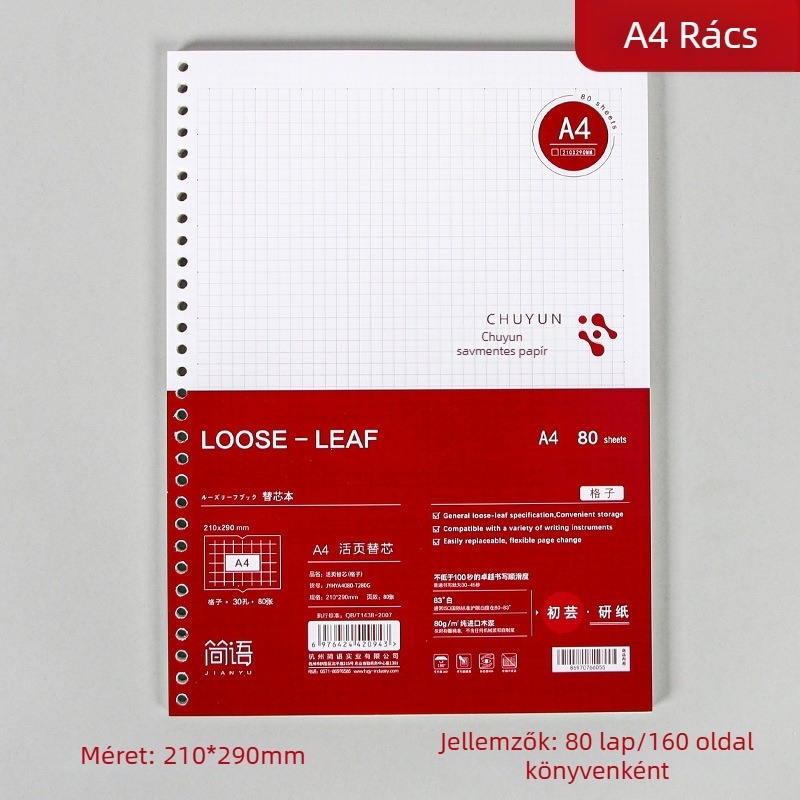 Binder kötésű jegyzetfüzet refill, cellulózalapú papír, 80 gsm, 100–200 oldal, oldalak vonalas és négyzetrácsos
