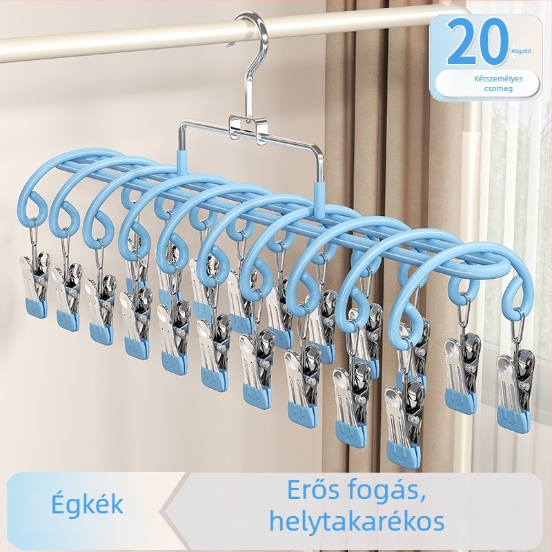 20 csipeszes zokiszárító állvány rozsdamentes acélból, ívelt modern dizájn, beltéri és kültéri használatra