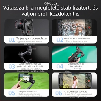 Háromtengelyes okostelefon-stabilizátor arcfelismeréssel, összecsukható kézi gimbal, RK-C302, alumíniumötvözet