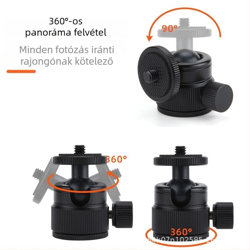 Mini gömbfej alumíniumötvözetből, univerzális 360° mini tripodhoz, 90° függőleges dőlés, kézi szerelés, általános kompatibilitás
