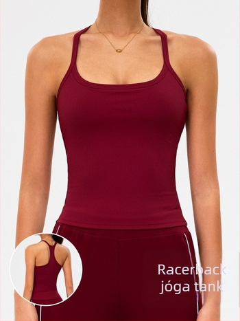 Női sporttop hátul anti‑ütköző dizájnnal, gyorsan száradó nedvesség-elvezető anyag, nylon-spandex keverék (90% nylon, 10% spandex), rövid fazon, beépített melltartó betéttel