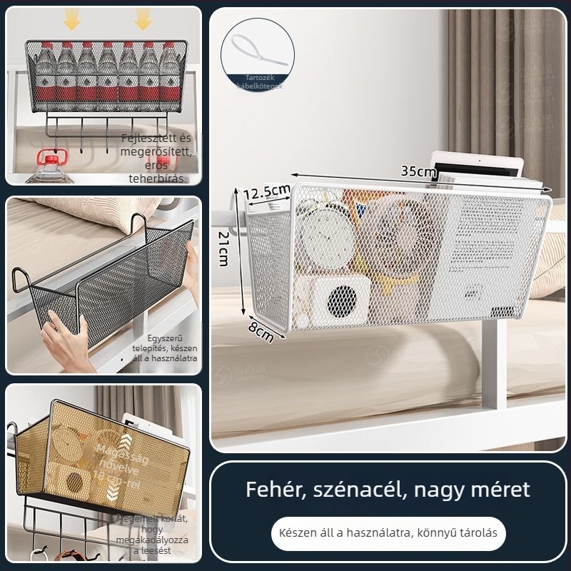 Szénacélból készült éjjeli tároló polc kampókkal - hordozható, összeszerelés nélküli, minimalist stílus, 1 szint