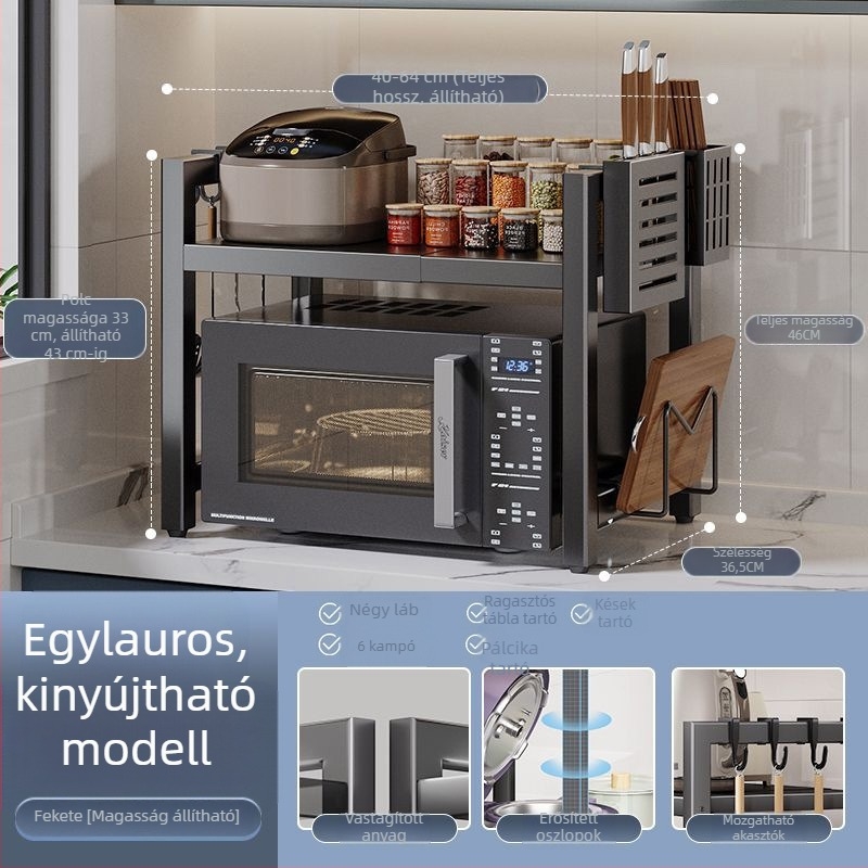 Kinyitható konyhai tárolópolc mikrohullámú sütőhöz – szénacél, skálázható, modern minimalista dizájn, testreszabott minták