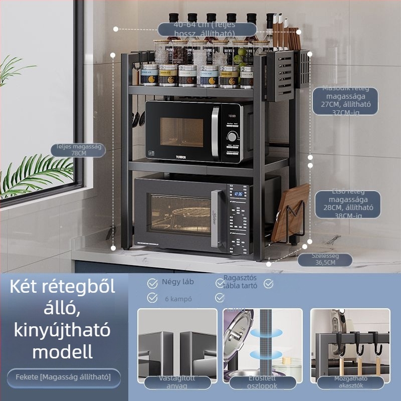 Kinyitható konyhai tárolópolc mikrohullámú sütőhöz – szénacél, skálázható, modern minimalista dizájn, testreszabott minták