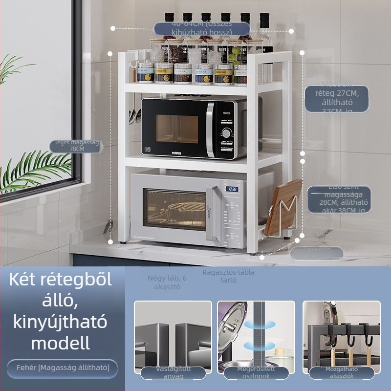 Kinyitható konyhai tárolópolc mikrohullámú sütőhöz – szénacél, skálázható, modern minimalista dizájn, testreszabott minták