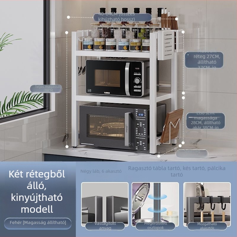 Kinyitható konyhai tárolópolc mikrohullámú sütőhöz – szénacél, skálázható, modern minimalista dizájn, testreszabott minták