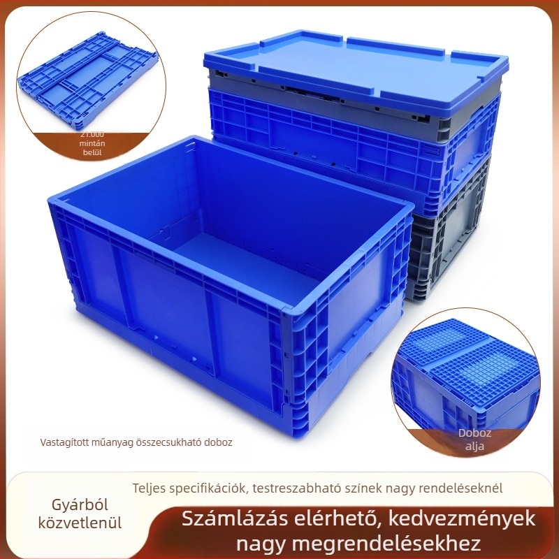 Összecsukható műanyag tároló doboz szállításra és tárolásra; falvastagság 2–8 mm; teherbírás 20–120 kg; injekciós formázás; magas szilárdság.