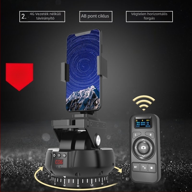 Mobiltelefonhoz motoros PTZ gimbal távirányítóval, 360° vízszintes forgás, 70° függőleges döntés, 9 sebesség a panorámához és 9 sebesség a dőléshez, tömeg 518 g