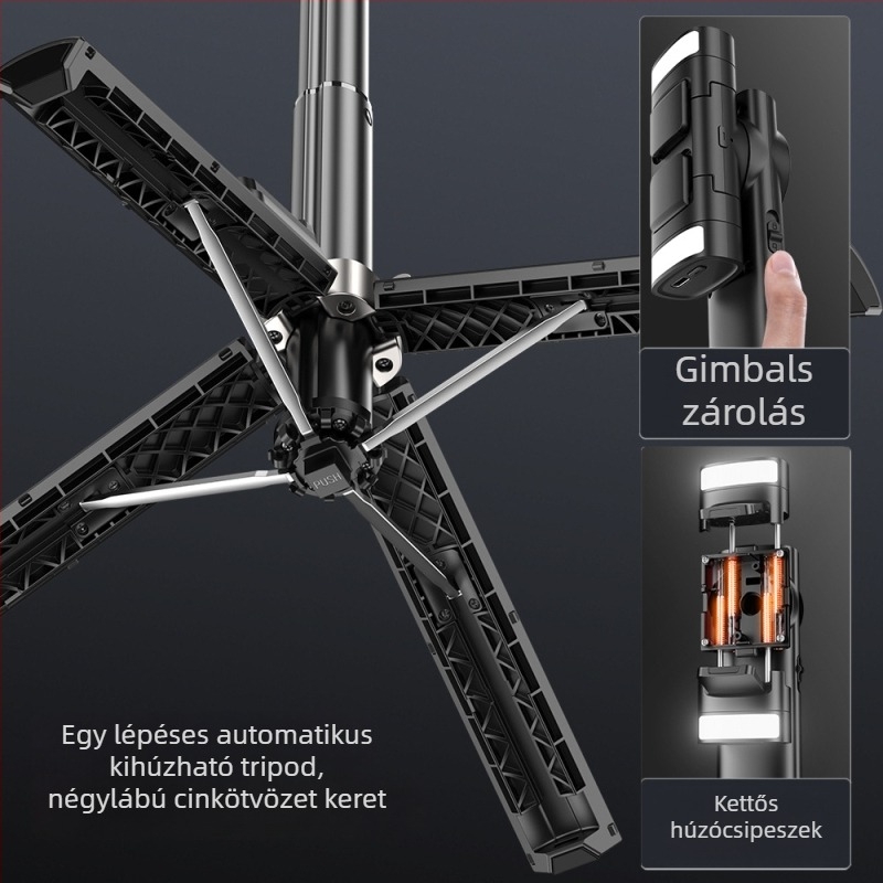 Bluetoothos selfie stick stabilizátorral, kihajtható, egygombos kipattanó, alumíniumötvözet, töltőfény