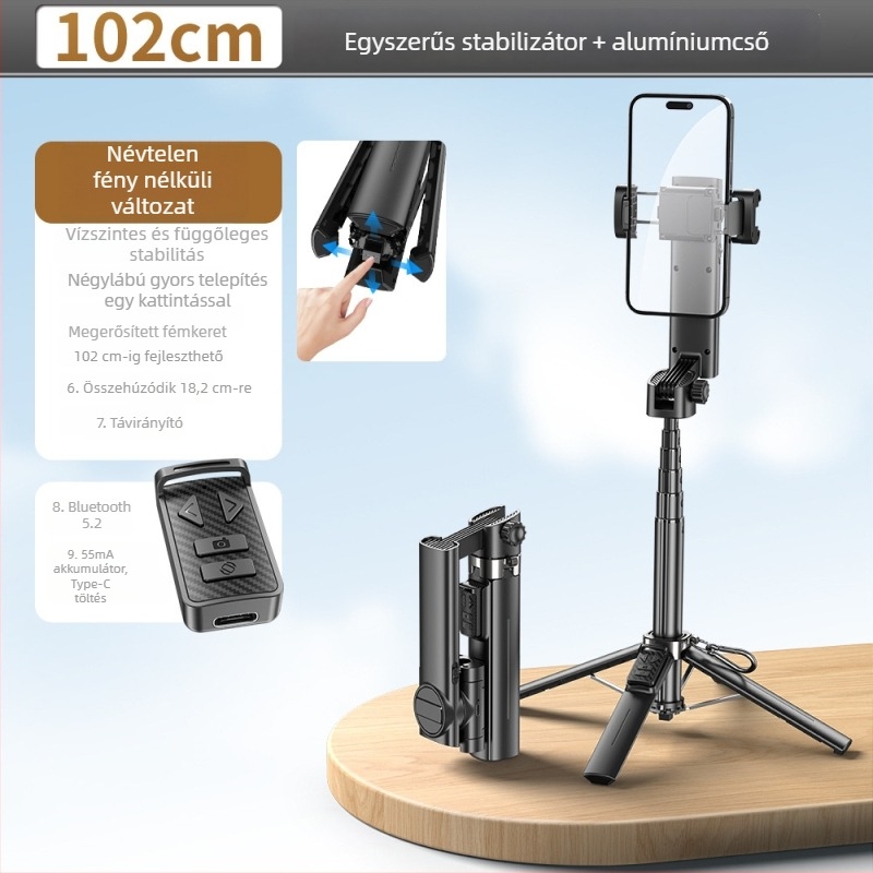Bluetoothos selfie stick stabilizátorral, kihajtható, egygombos kipattanó, alumíniumötvözet, töltőfény