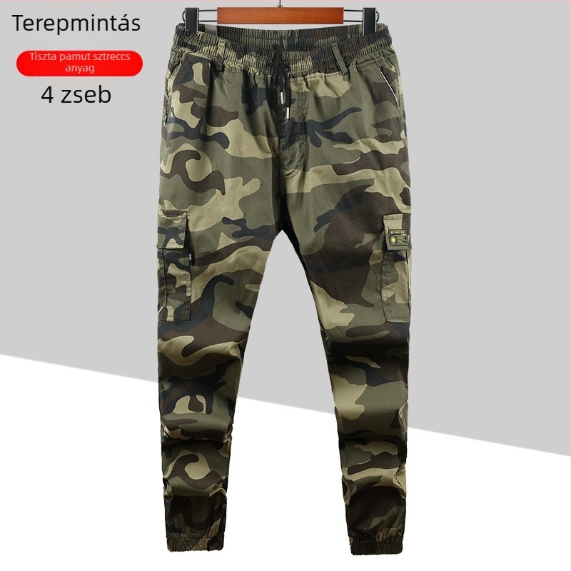 Férfi kamufláž munkaruha nadrág, laza szabás, elasztikus, mindennapi nadrág tavaszra és őszre