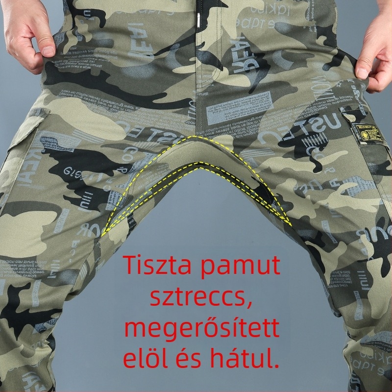 Férfi kamufláž munkaruha nadrág, laza szabás, elasztikus, mindennapi nadrág tavaszra és őszre