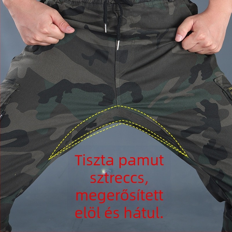Férfi kamufláž munkaruha nadrág, laza szabás, elasztikus, mindennapi nadrág tavaszra és őszre