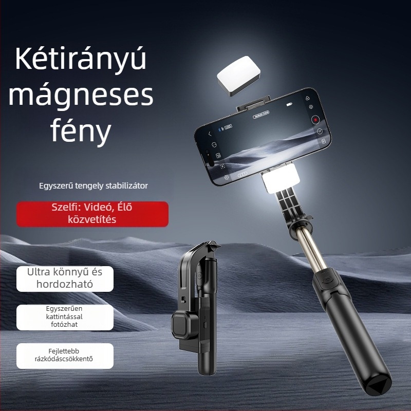 Selfiecom C06 egytengelyes stabilizátor trípóddal, Bluetooth távirányítóval, mágneses töltőfénnyel és telefon pan-tilt gimballal élő közvetítéshez