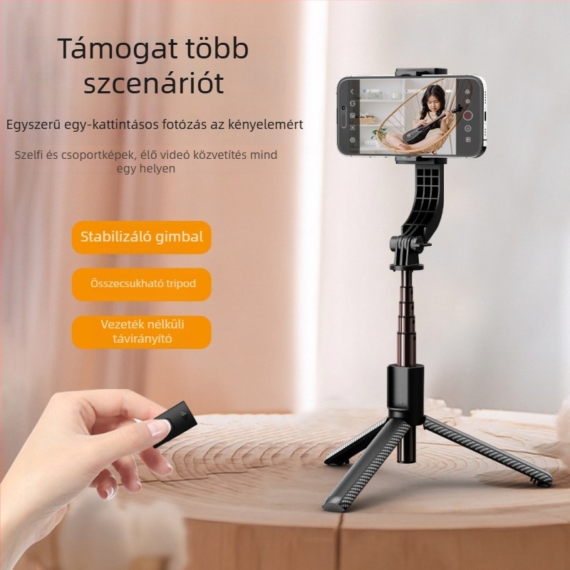 Selfiecom C06 egytengelyes stabilizátor trípóddal, Bluetooth távirányítóval, mágneses töltőfénnyel és telefon pan-tilt gimballal élő közvetítéshez