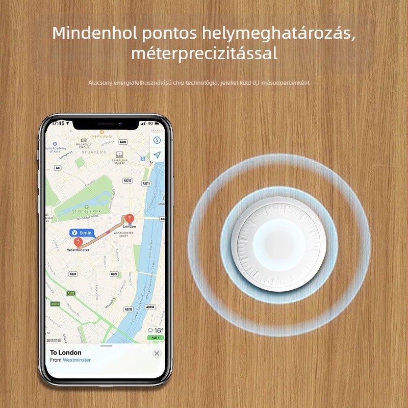 AirTag Bluetooth nyomkövető eszköz állatok számára, modell C281, 210 mAh akkumulátor, 7 g tömeg, iOS-kompatibilis, nyomkövetés és riasztás