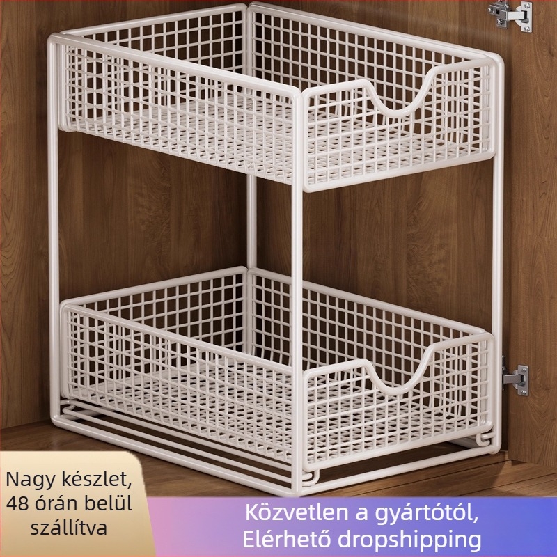 Fürdőszobai mosogató alatti vasból készült 3‑szintes kihúzható tároló, asztali telepítés, egyszerű modern stílus