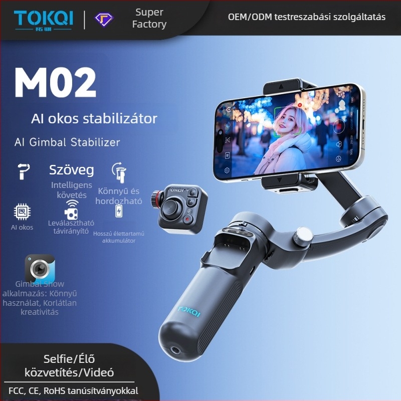 Háromtengelyes okostelefon-gimbál stabilizátor arcf követéssel, Bluetooth-kapcsolattal és távirányítóval (M02 modell)