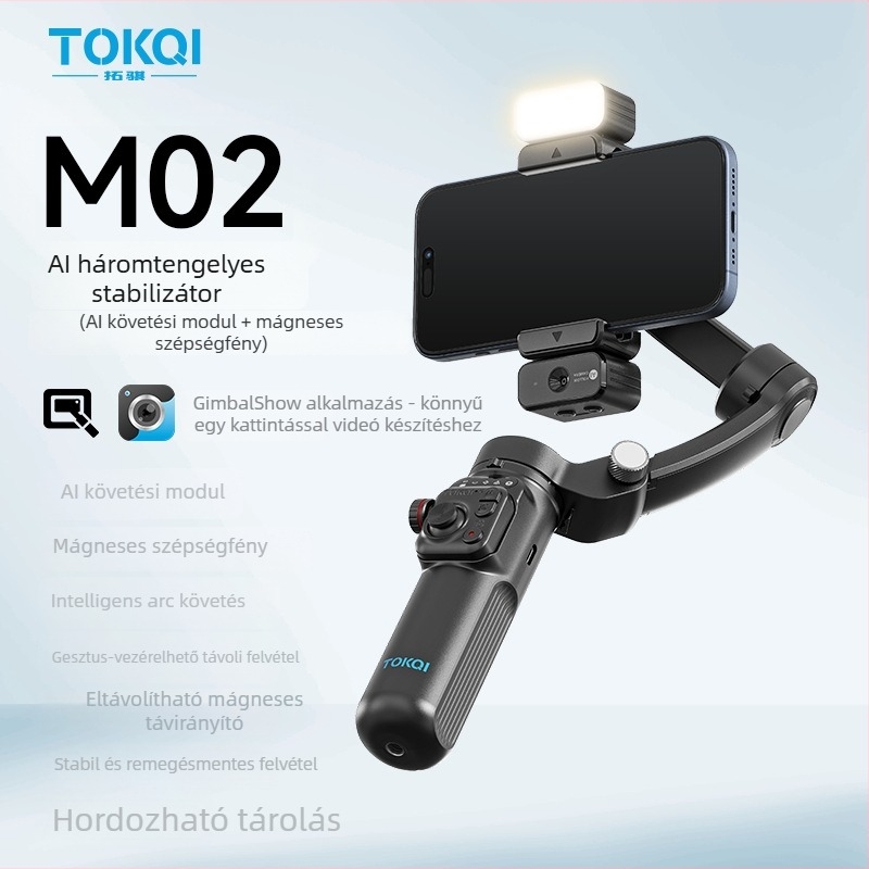 Háromtengelyes okostelefon-gimbál stabilizátor arcf követéssel, Bluetooth-kapcsolattal és távirányítóval (M02 modell)