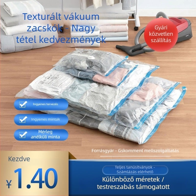 Vákuumos ruhatartó tasak ruhákhoz és paplanokhoz — kétszálas vastagság 14, PA+PE anyag, 55W magas teljesítményű pumpa, napi gyártás 500000