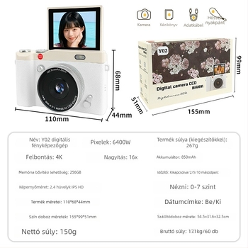 Gyermekek számára készült digitális kamera Y02, CCD szenzor 68MP, 16x optikai zoom, max felbontás 1280×1024, 2,4 hüvelykes forgatható kijelző, TF-kártya tárhely