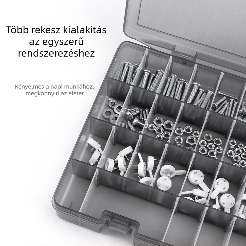 Többrekeszes alkatrész doboz elektronikai alkatrészekhez - átlátszó PP műanyag tároló, porvédett, csattal záródó fedél