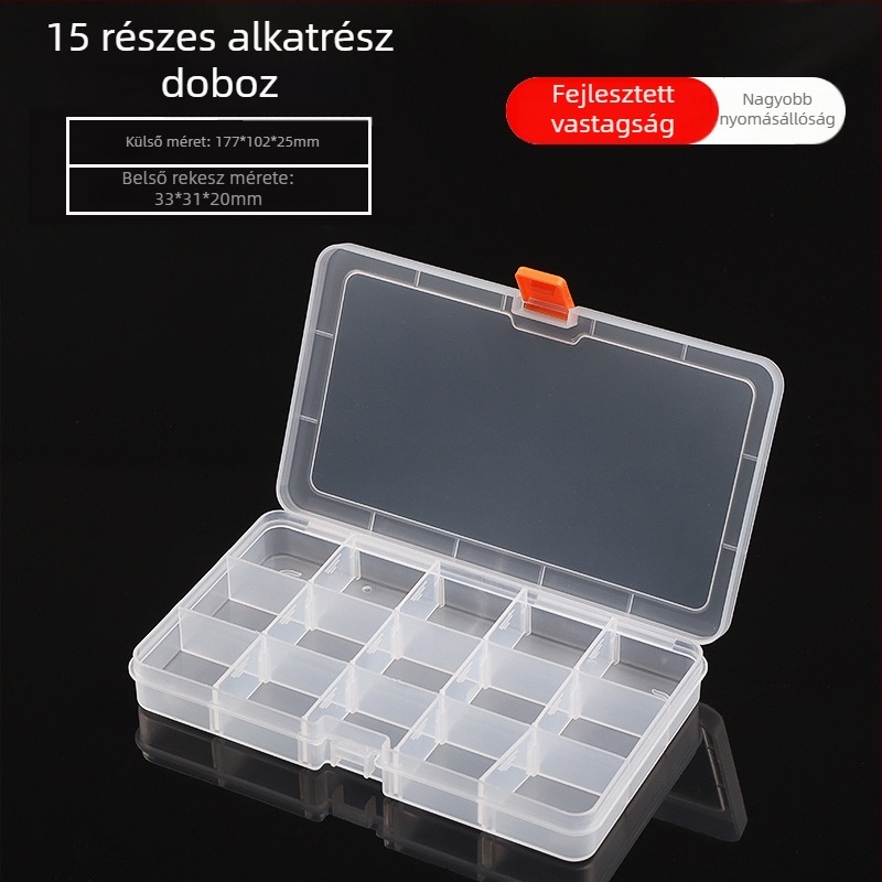 Többrekeszes alkatrész doboz elektronikai alkatrészekhez - átlátszó PP műanyag tároló, porvédett, csattal záródó fedél
