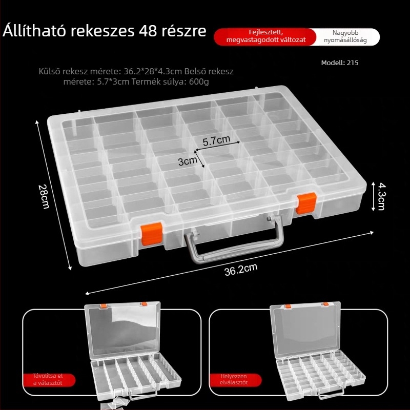 Többrekeszes alkatrész doboz elektronikai alkatrészekhez - átlátszó PP műanyag tároló, porvédett, csattal záródó fedél