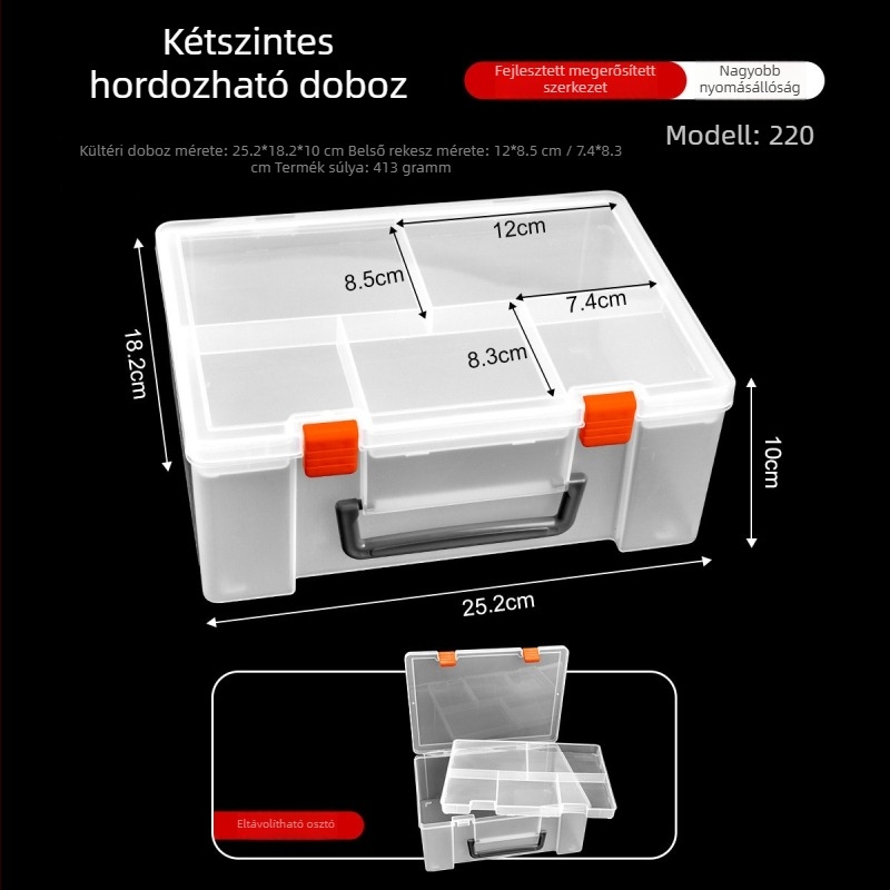 Többrekeszes alkatrész doboz elektronikai alkatrészekhez - átlátszó PP műanyag tároló, porvédett, csattal záródó fedél