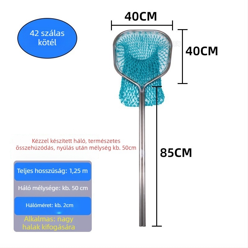 Rozsdamentes acélból készült halászháló nagy halak és tengeri herkentyűk fogására, kettős csőváz, szájátmérő 40-50, hálómélység 40-60, teherbírás legfeljebb 25 kg