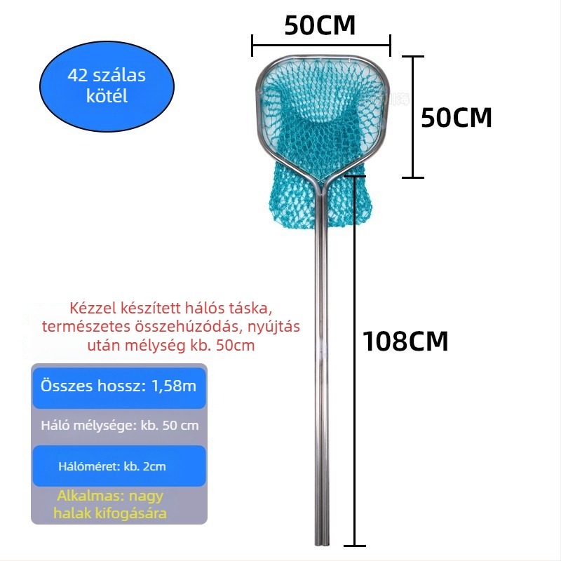 Rozsdamentes acélból készült halászháló nagy halak és tengeri herkentyűk fogására, kettős csőváz, szájátmérő 40-50, hálómélység 40-60, teherbírás legfeljebb 25 kg