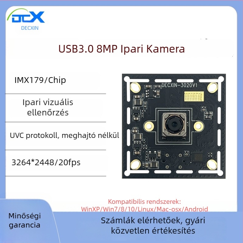 USB 3.0 ipari kamera 8MP IMX179, fix fókusz, arcfelismerés, illesztőprogram nélkül, Linux-kompatibilis