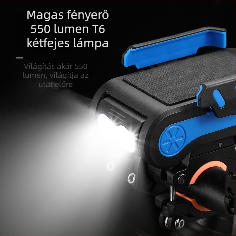 USB-töltésű kerékpár lámpa négy funkcióval: fej tartó, kürt és kettős fényszóró éjszakai bringázáshoz