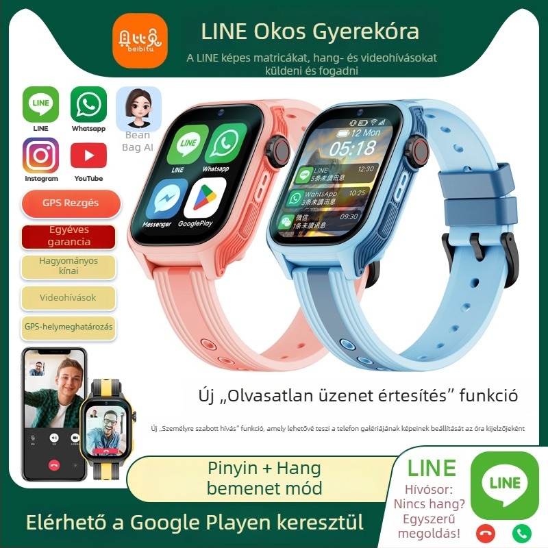 Gyermekek 4G okosóra SIM-kártya nyílással (IPS 1.96'' kijelző, 850 mAh akkumulátor, négyzetes számlap, mindennapi vízálló)