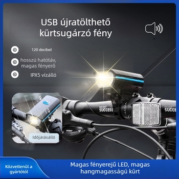 Elülső kerékpár lámpa nagy fényerővel, beépített hangjelzővel, USB-C töltés, 800 mAh akkumulátor, gyorscsatolásos rögzítés