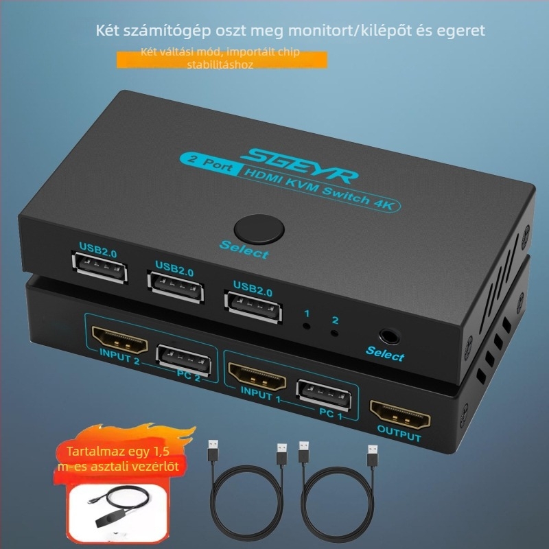 KVM kapcsoló, 2 bemenet, 4 kimenet HDMI, USB megosztás billentyűzet, egér és nyomtató számára, 4K, Windows-kompatibilis, SG-U304