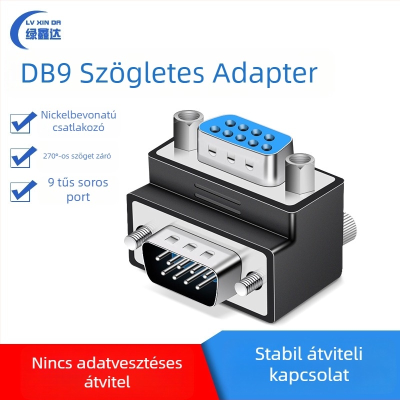 DB9 többcsatlakozós adapter: férfi-férfi-női-női-férfi, 270°-os derékszög, RS232 protokoll, Windows 7+ kompatibilis laptopokhoz és számítógépekhez