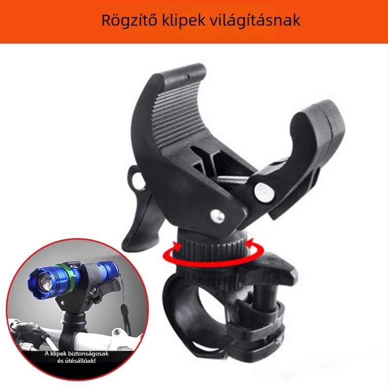 U-alakú, 360°-ban forgó lámpatartó autóklippel és kerékpár-tartóval, USB-C, 1200mAh, szíjjal történő rögzítés