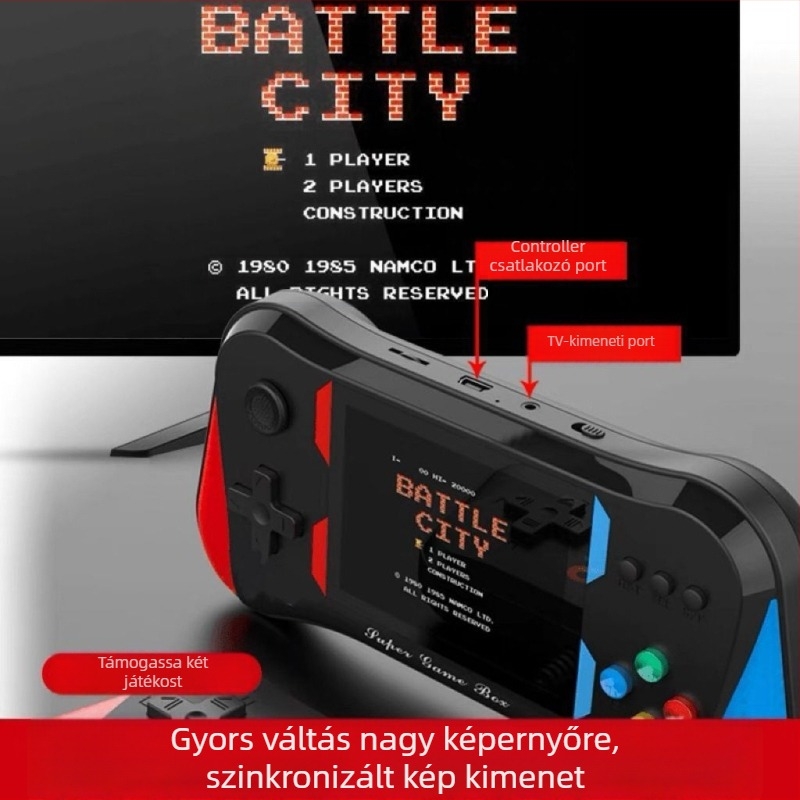 Hordozható retro játékkonzol nosztalgikus klasszikus stílusban, újratölthető, 128GB memória, PS/2 interfész, VGA kimenet, MP3 lejátszó