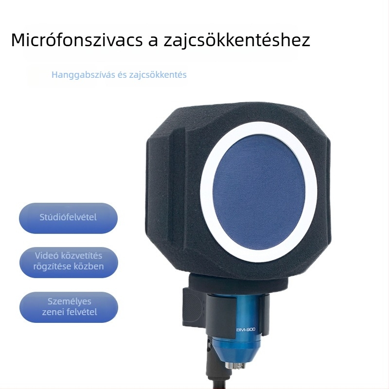 Mikrofon tartozékok: szélvédő, hangelnyelő pajzs és hangtompító borítás élő közvetítéshez és felvételhez (Model C5, Márka HZM&C)