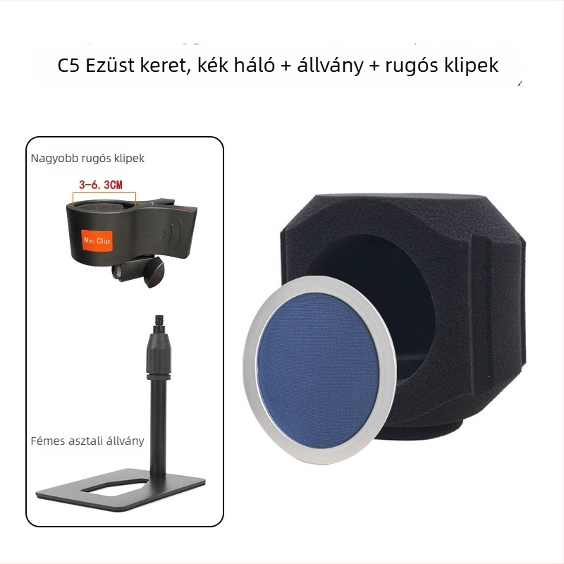 Mikrofon tartozékok: szélvédő, hangelnyelő pajzs és hangtompító borítás élő közvetítéshez és felvételhez (Model C5, Márka HZM&C)