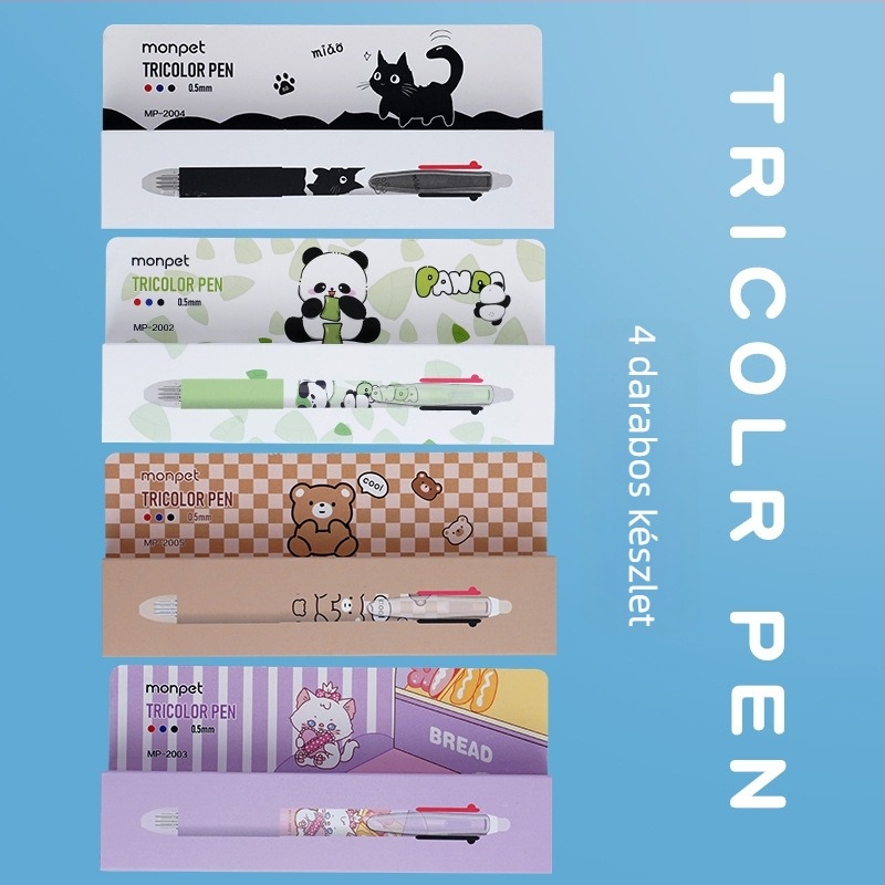 Cartoon sorozatú törölhető toll, push‑mechanizmus, golyófej, rozsdamentes acél heg, műanyag ház