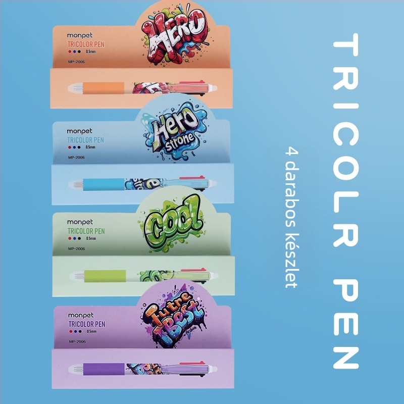 Cartoon sorozatú törölhető toll, push‑mechanizmus, golyófej, rozsdamentes acél heg, műanyag ház